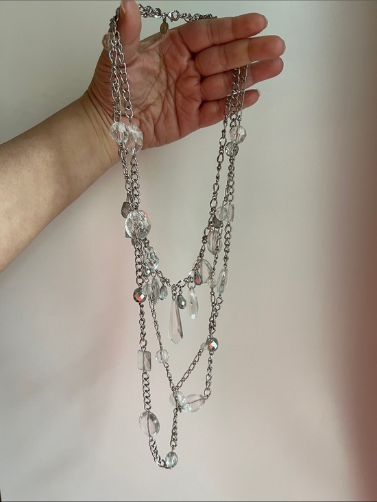 Jewelry - Crystal like bead Drop Multi-Strand Necklace - Clear Silver